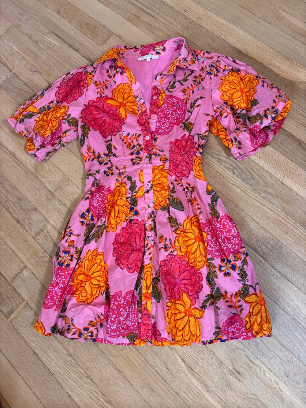 Olivaceous Pink Floral Mini Dress Small Button Front Cottagecore Puff Sleeve